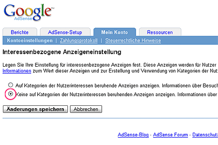 Google Adsense - Interessenbezogene Anzeigeneinstellung