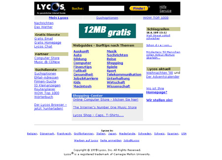 Suchmaschine Lycos ca. 1999